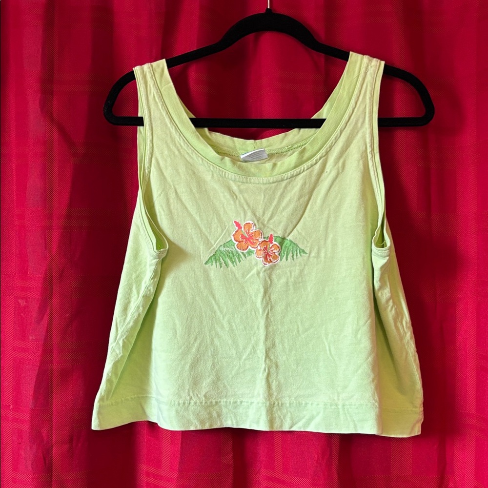 Embroidered Lime Green Floral Tank Top - Women's Casual Pull-On
